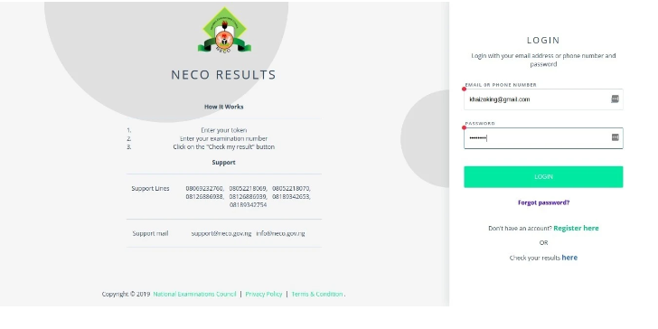 Login To NECO Results Account