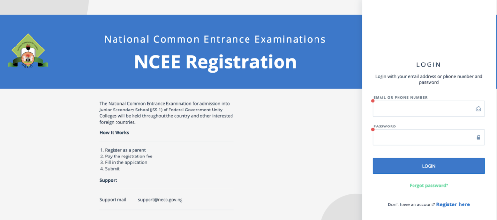 NECO NCEE Registration Form 2024