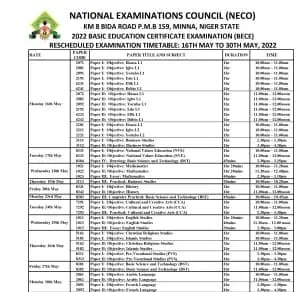 NECO BECE Timetable For JSS3 2024